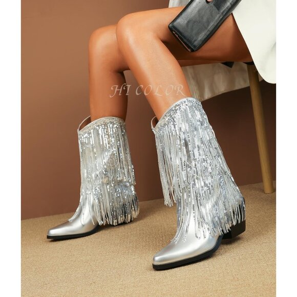 Women's Silver Leather Like Thick Heeled Tassels & Sequins Pointed Booties - Picture 5 of 6